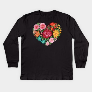 Mexican Embroidery Style Heart Design from Oaxaca, México (Black Background) Kids Long Sleeve T-Shirt